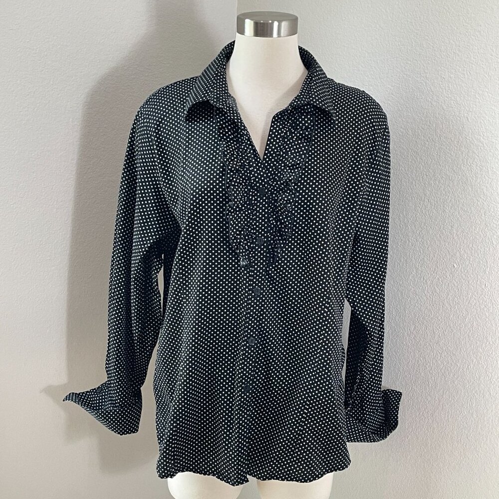 Foxcroft Womens Plus 18 Fitted Polka Dot Ruffle Front Blouse Long Sleeve Shirt